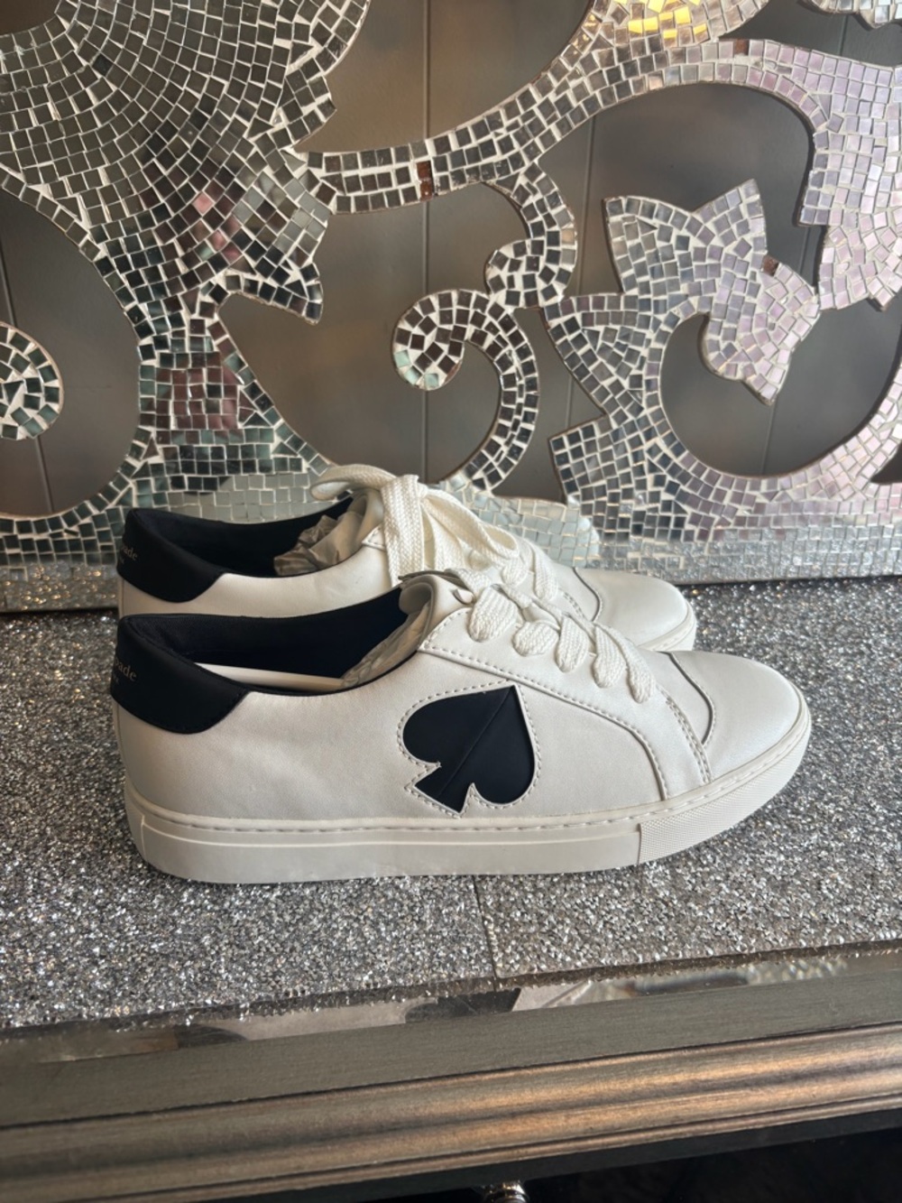 ⭐️Kate Spade White Leather Lace-Up Sneakers with Black Spade Detail